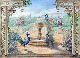 Павлины у фонтана